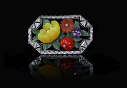 An Art Deco white gold, diamond, coral, amethyst and coloured frosted glass set octagonal brooch, by