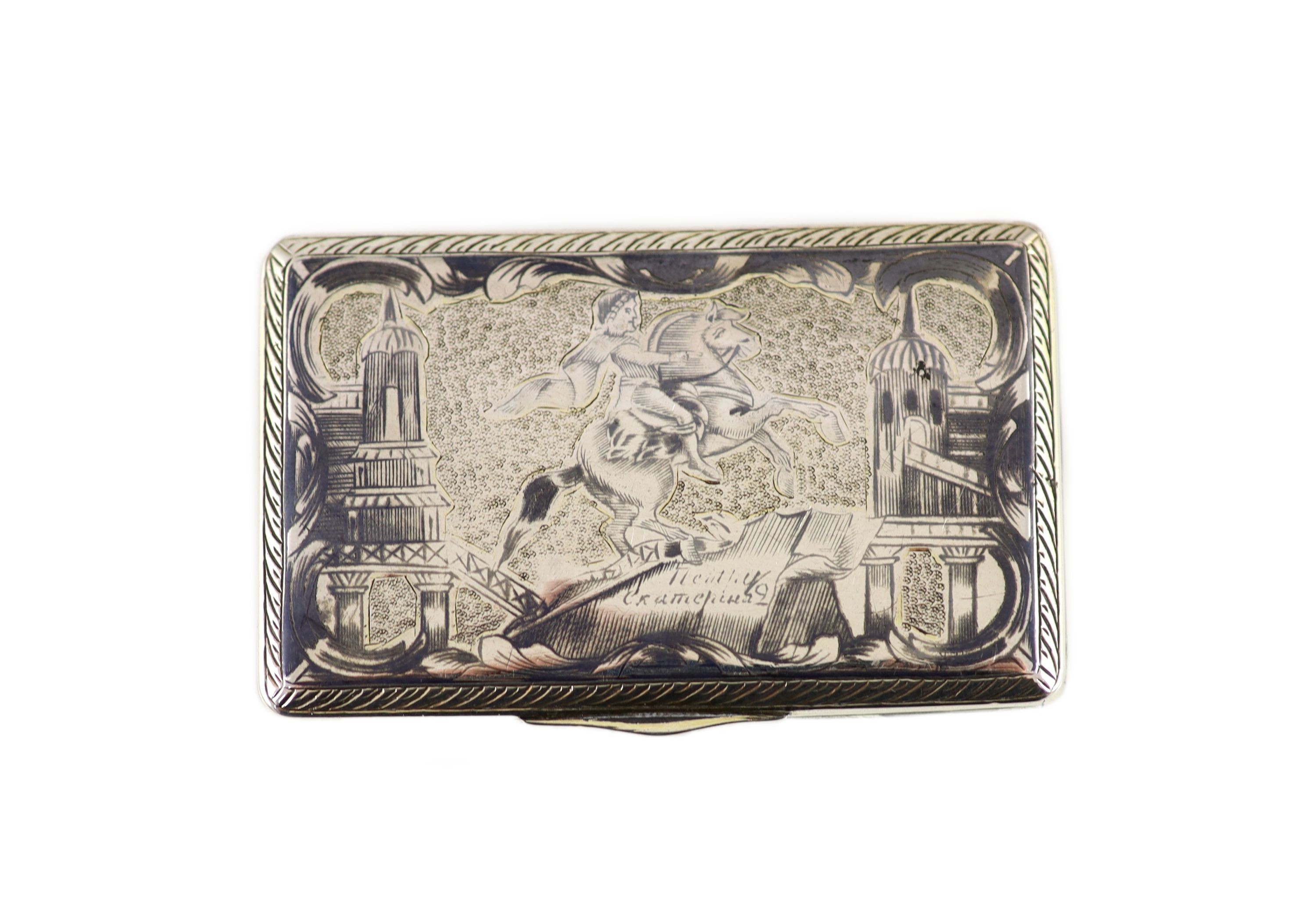 An early 19th century Russian 84 zolotnik parcel gilt silver and niello snuff box, assay master