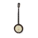 A Clifford Essex inlaid ebony banjo,nut to bridge 26.5 inches, marked M. Roccia on the heel,