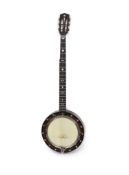 A Clifford Essex inlaid ebony banjo,nut to bridge 26.5 inches, marked M. Roccia on the heel,