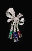 A mid 20th century Viennese platinum, ruby emerald, sapphire and diamond set stylised ribbon bow