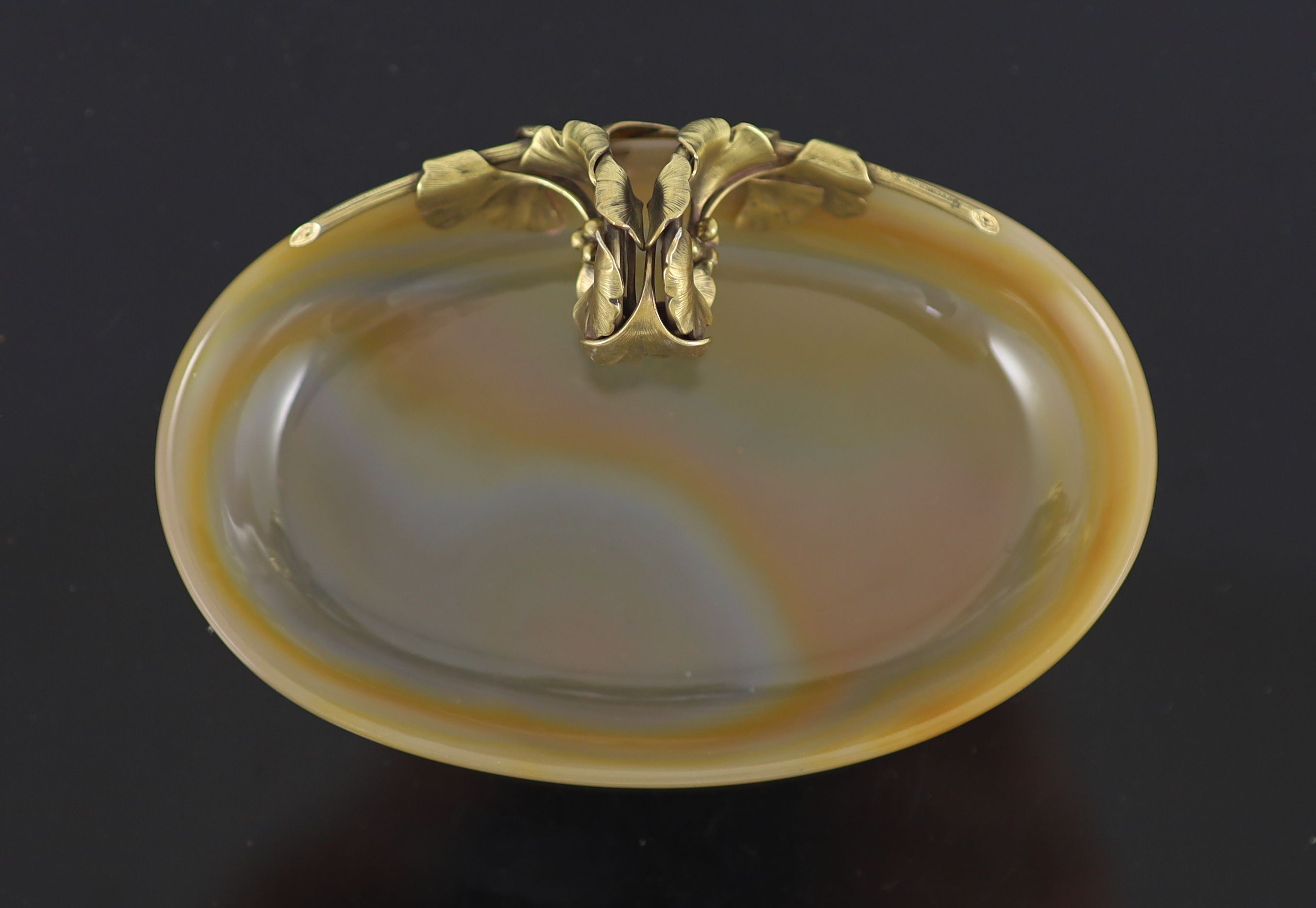 An early 20th century Boucheron silver gilt mounted banded agate oval bowl,the handle of foliate - Image 2 of 3