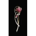 A mid 20th century, gold and platinum graduated ruby and diamond set foliate brooch, in gilt