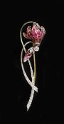 A mid 20th century, gold and platinum graduated ruby and diamond set foliate brooch, in gilt