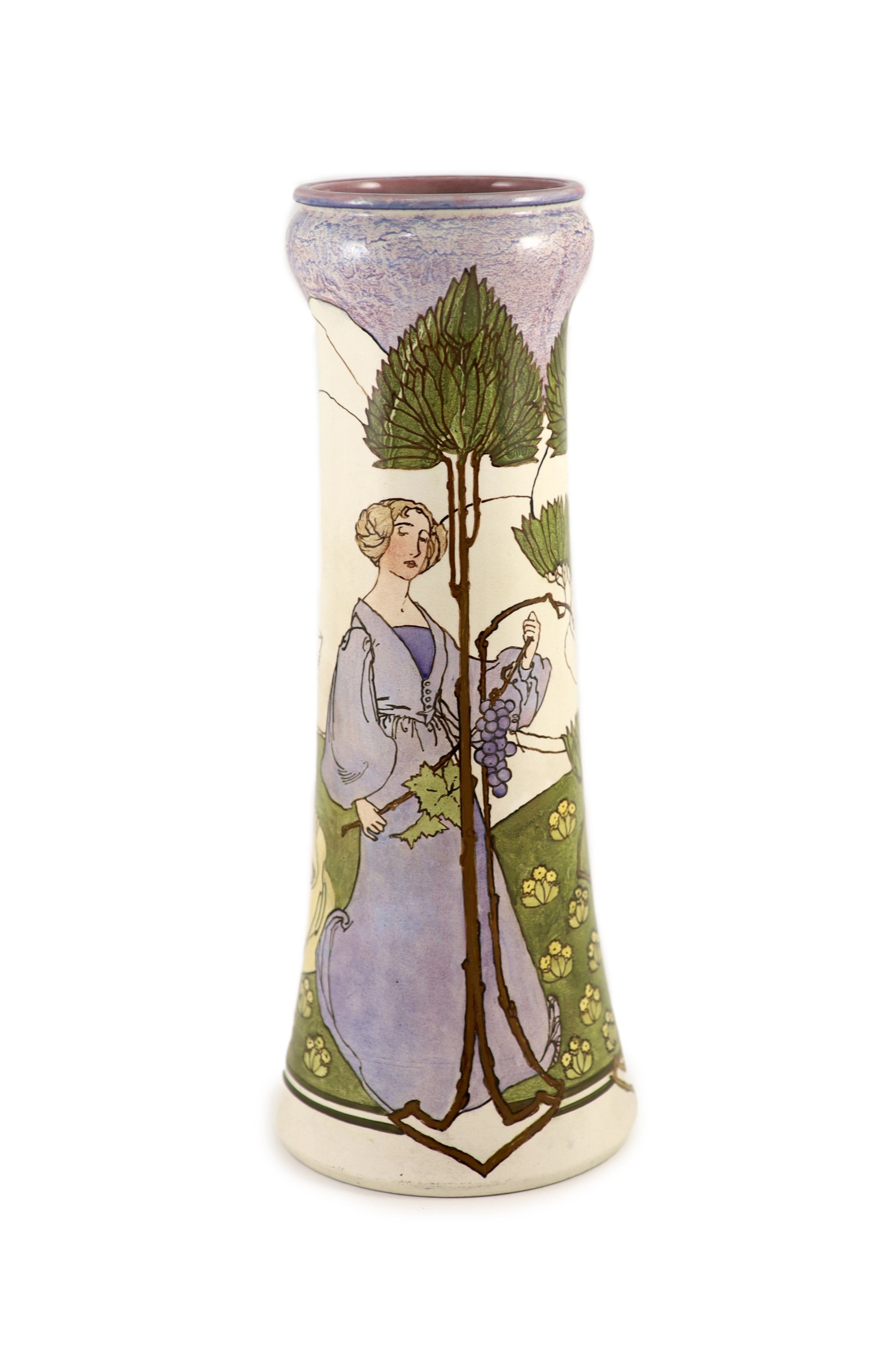 Margaret Thompson for Doulton, Lambeth - an Art Nouveau tall faience vase, c.1900,painted with two