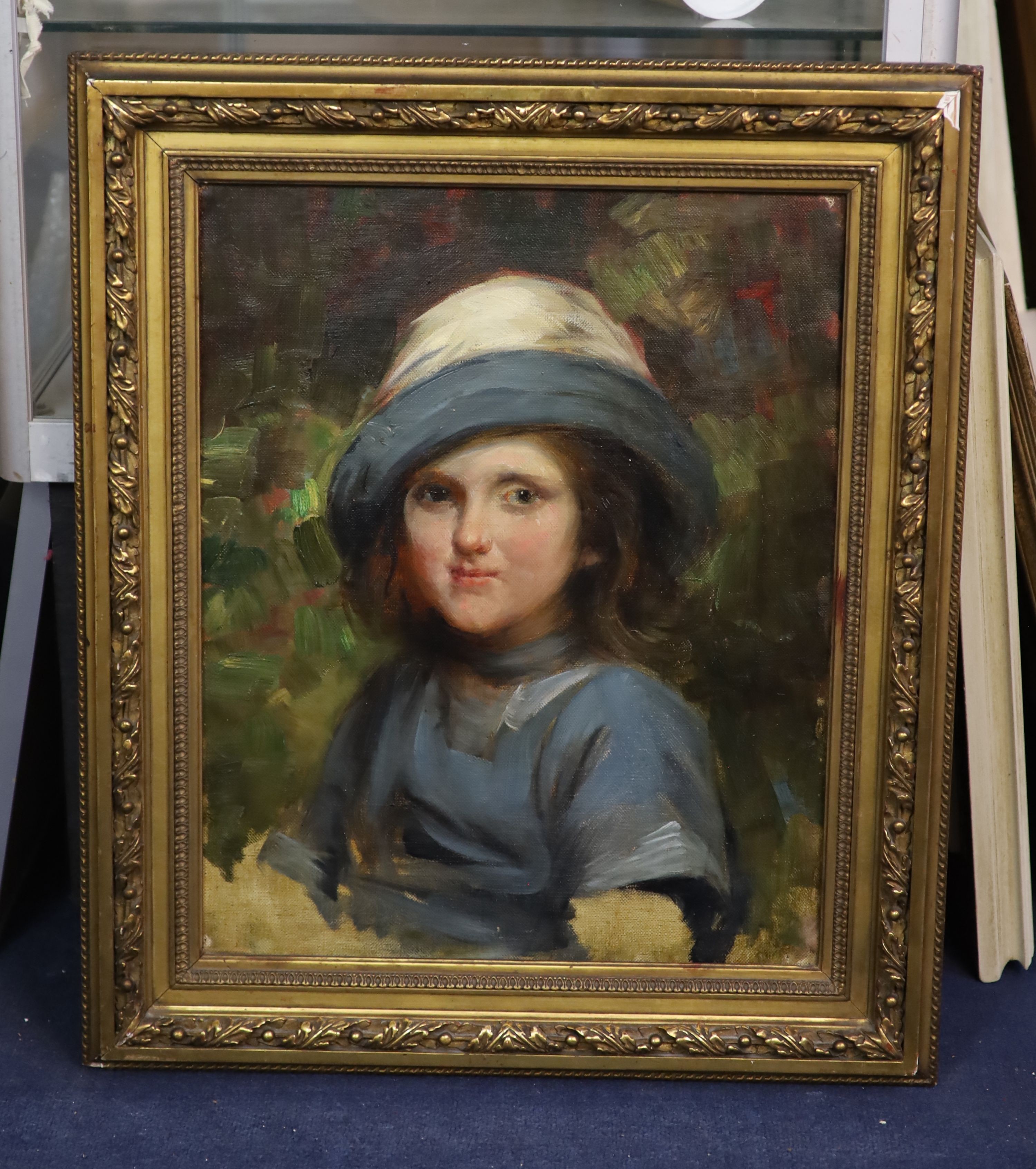 Attributed to Harold Harvey (1874-1941) Portrait of a girl wearing a blue hatoil on canvas50 x 40cm - Image 2 of 3