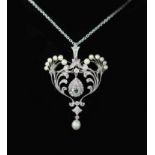 A 1920's style platinum, round and rose cut diamond and cultured pearl set drop pendant necklace,