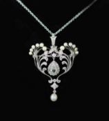 A 1920's style platinum, round and rose cut diamond and cultured pearl set drop pendant necklace,