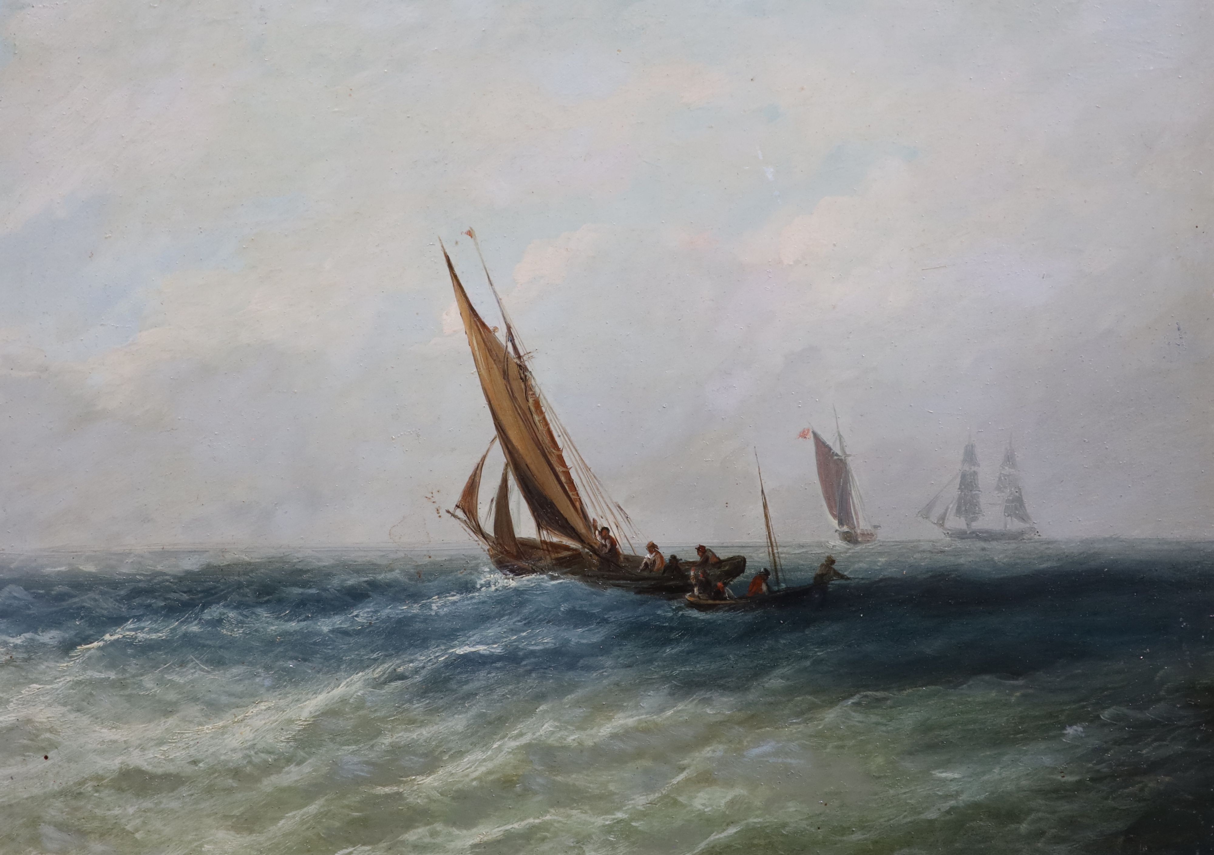 19th century English School Fishing boats and other shipping off the coastset of four oils on mill - Image 5 of 6