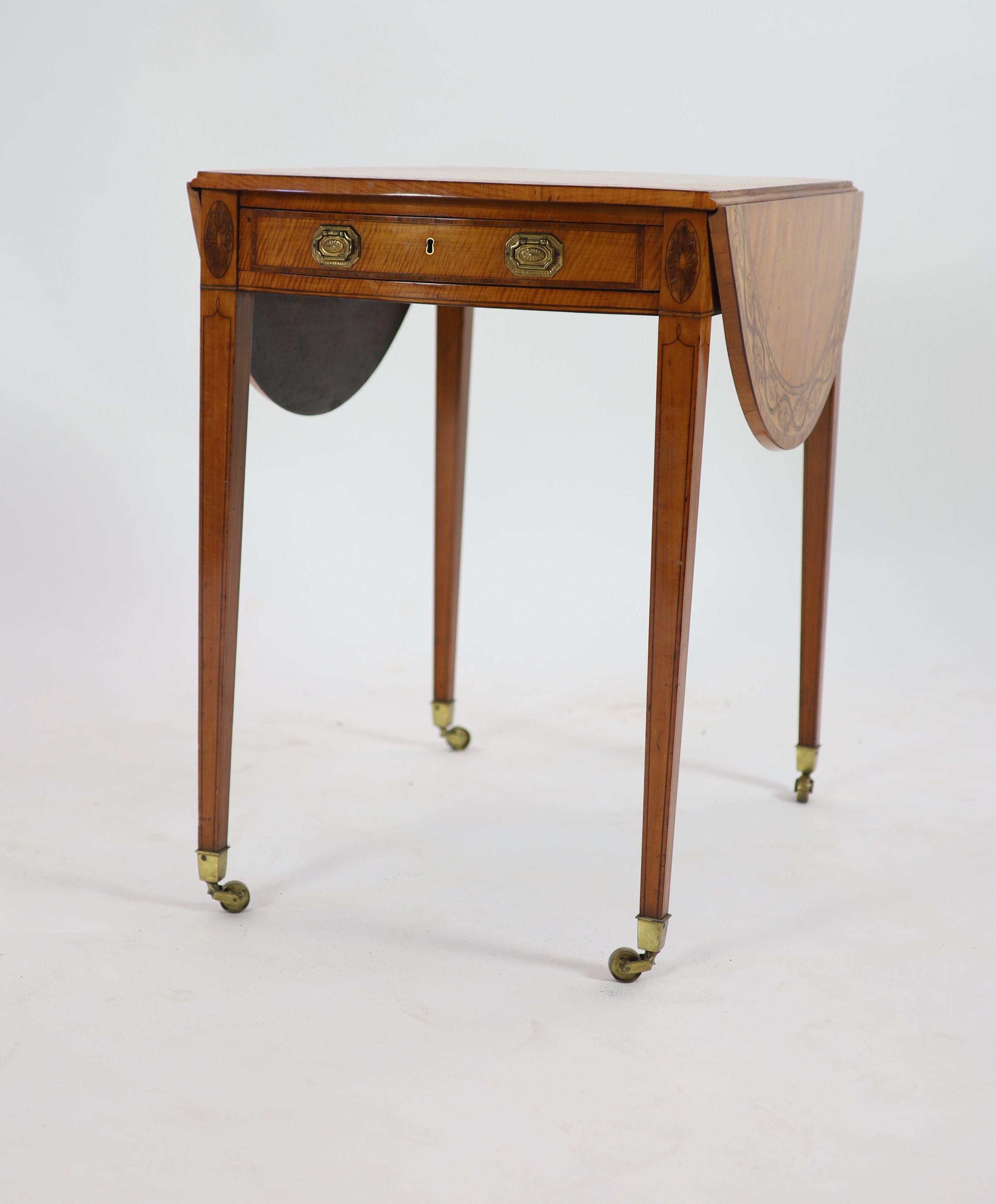 A George III Sheraton style marquetry inlaid satinwood Pembroke table,the oval top with rosewood and - Image 2 of 4