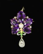 An early 20th century style continental gold, amethyst, seed pearl, enamel and diamond drop