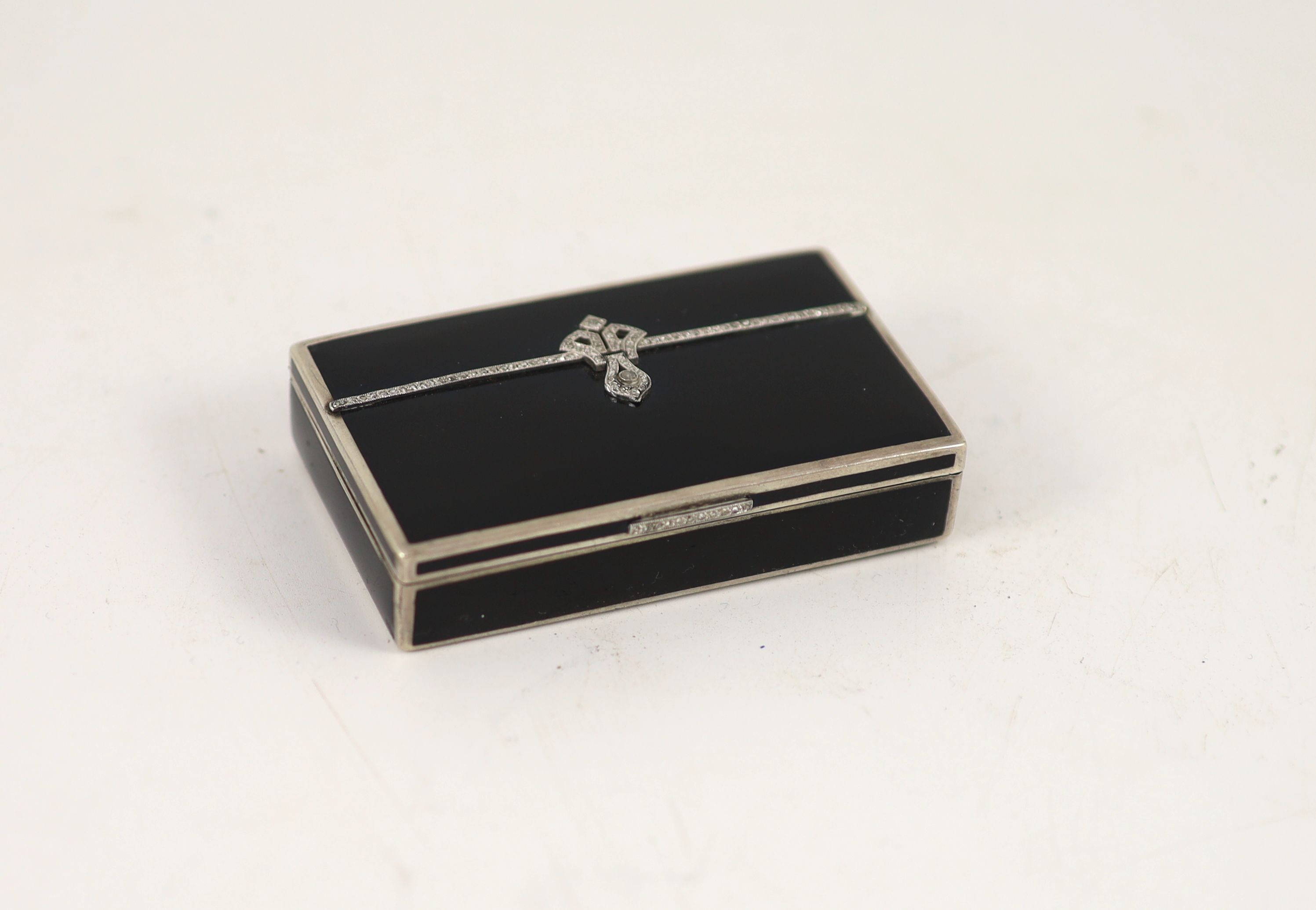 A 1930's silver, black enamel and rose cut diamond set rectangular snuff box, by S.J. Rose & Son, - Image 2 of 4