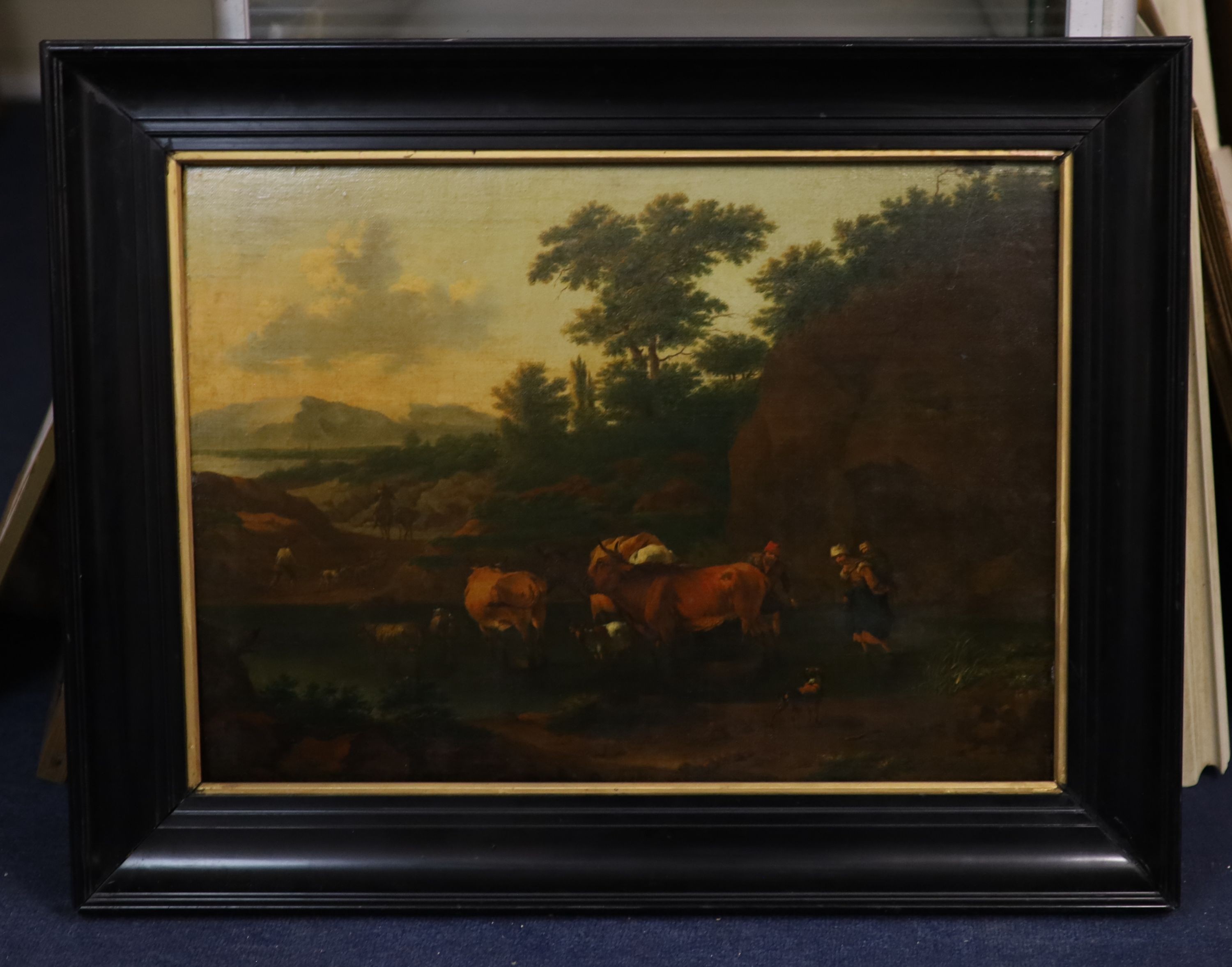 Attributed to Nicholaes Berchem (Dutch, 1620-1683) Landscape with cattle drovers crossing a riveroil - Image 2 of 3