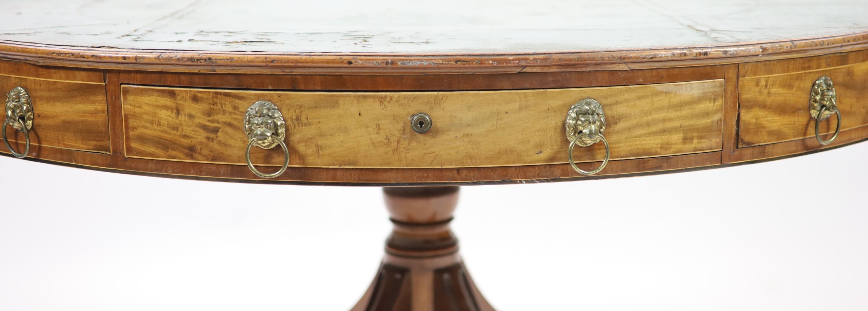 A Regency mahogany oval topped library table,with tooled green leather inset top and four freize - Image 2 of 4