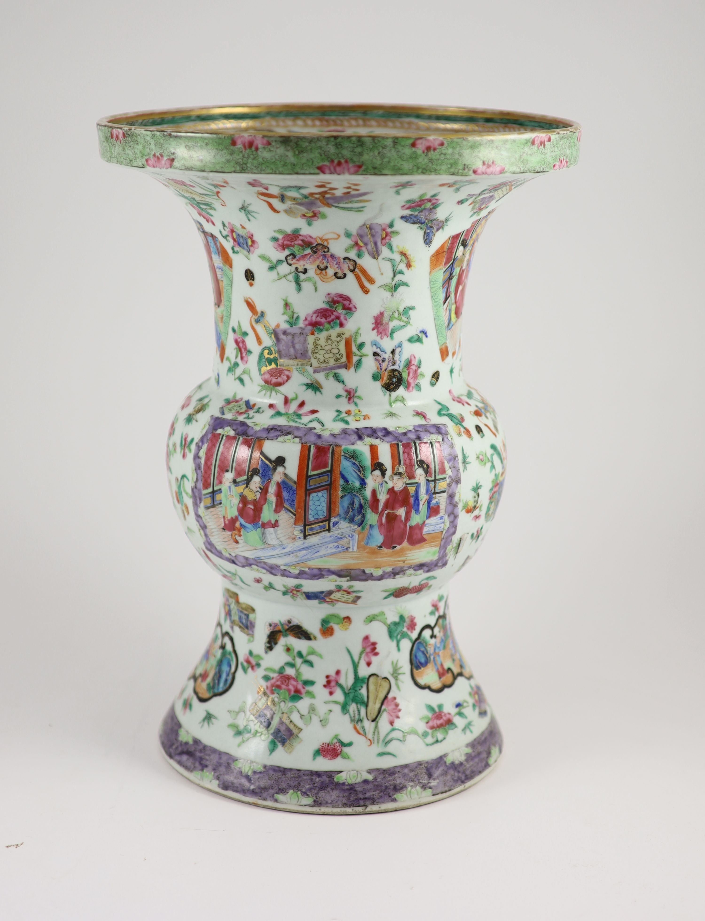 A Chinese famille rose zun-shaped vase, mid 19th centurypainted with reserves of figures in - Image 3 of 6