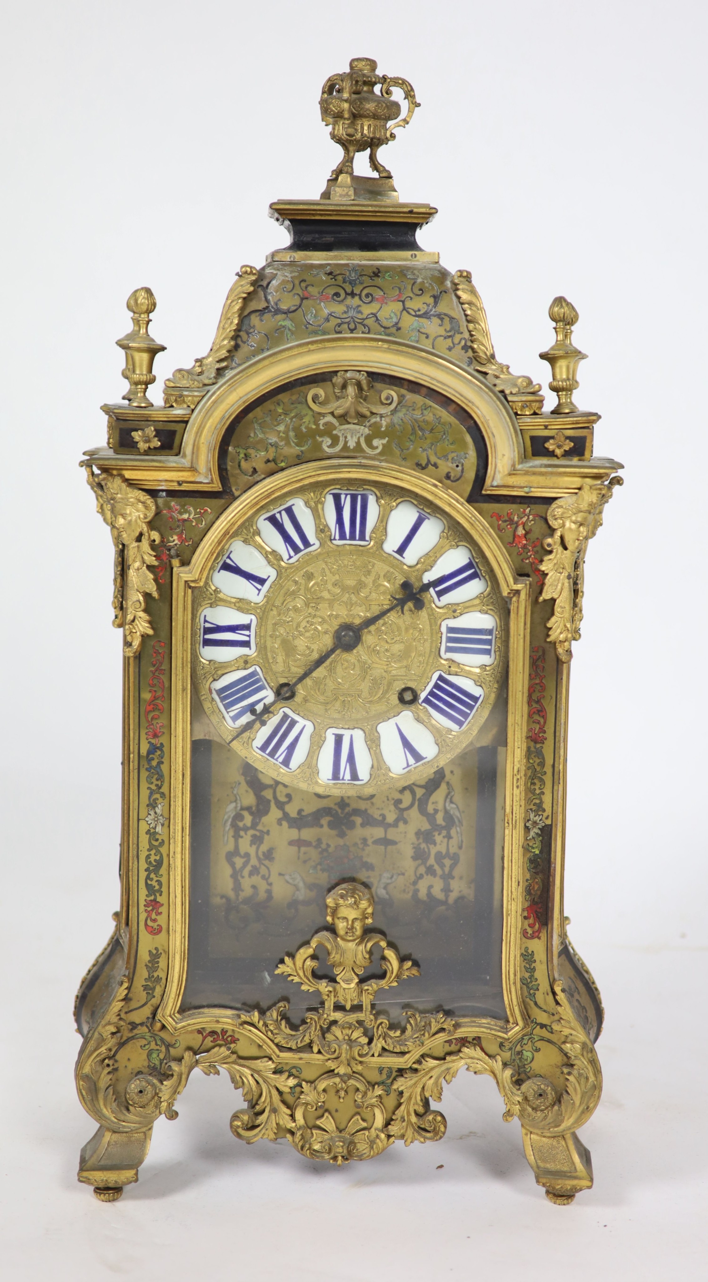 A 19th century French Louis XIV style boullework mantel clockwith urn finial and enamelled tablet - Image 2 of 4