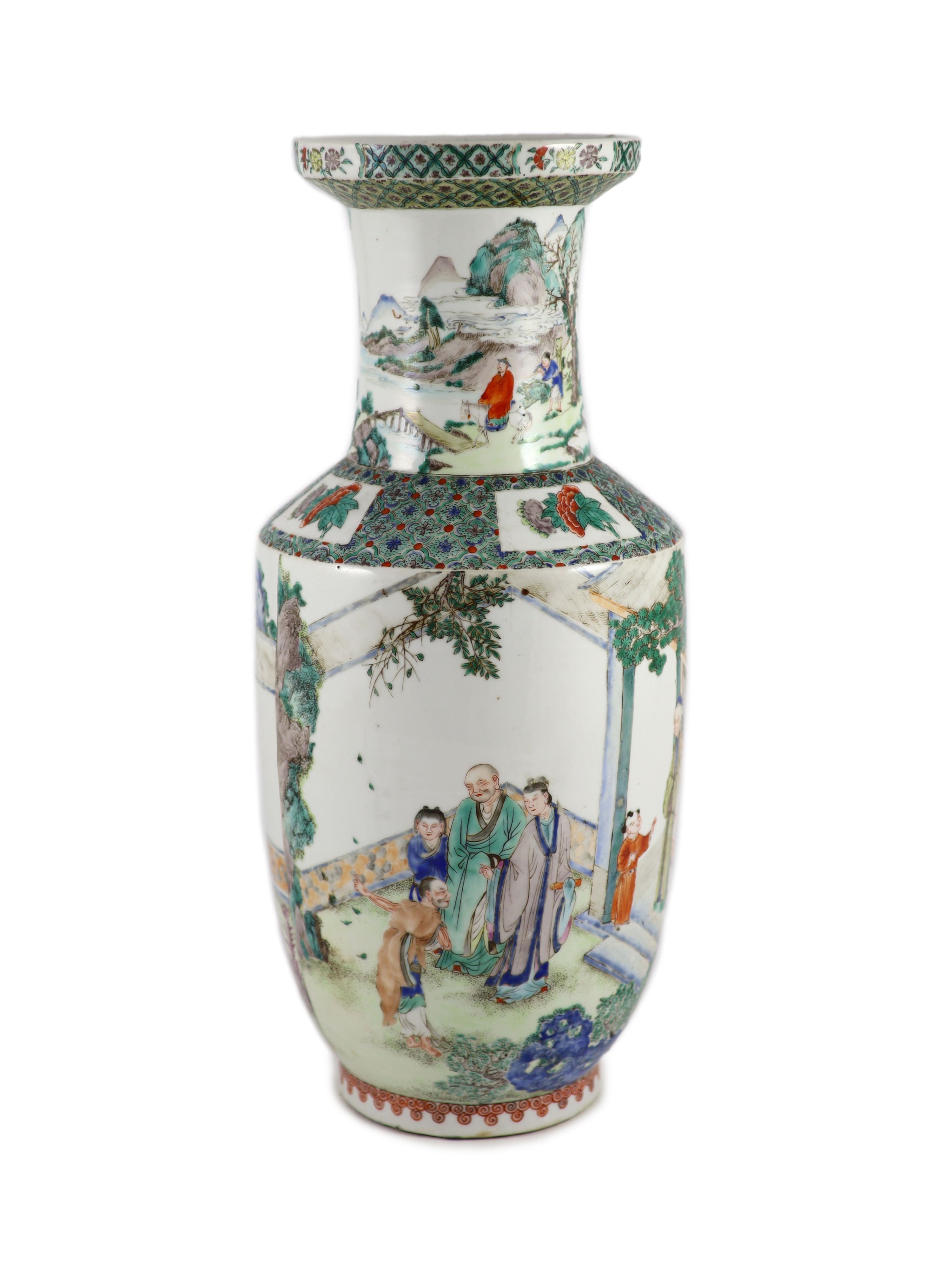 A Chinese famille verte rouleau vase, late 19th century,painted with figures amid garden