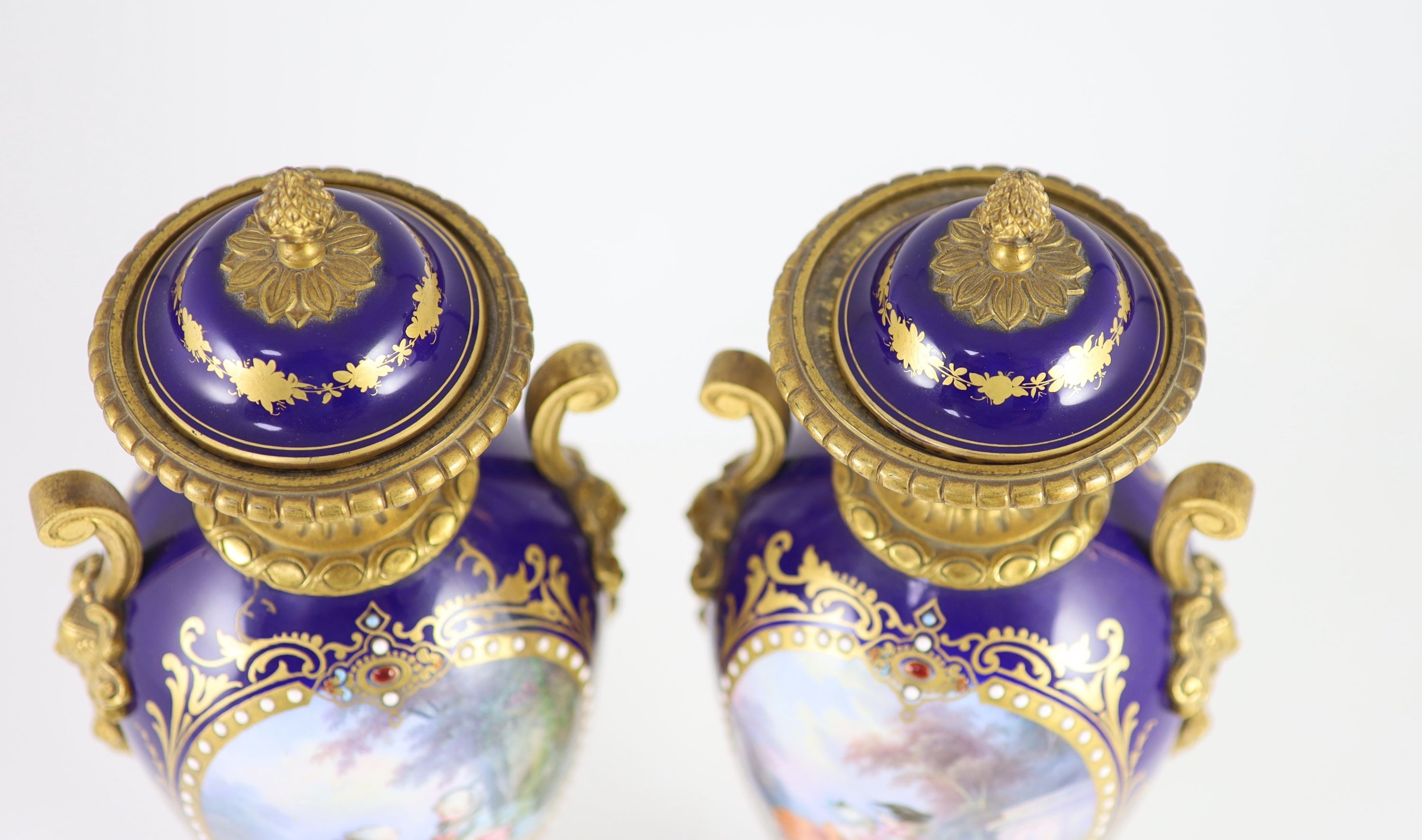 A pair of Sevres style ‘jewelled’ porcelain and ormolu mounted vases, c.1900,each of oviform, - Image 3 of 4