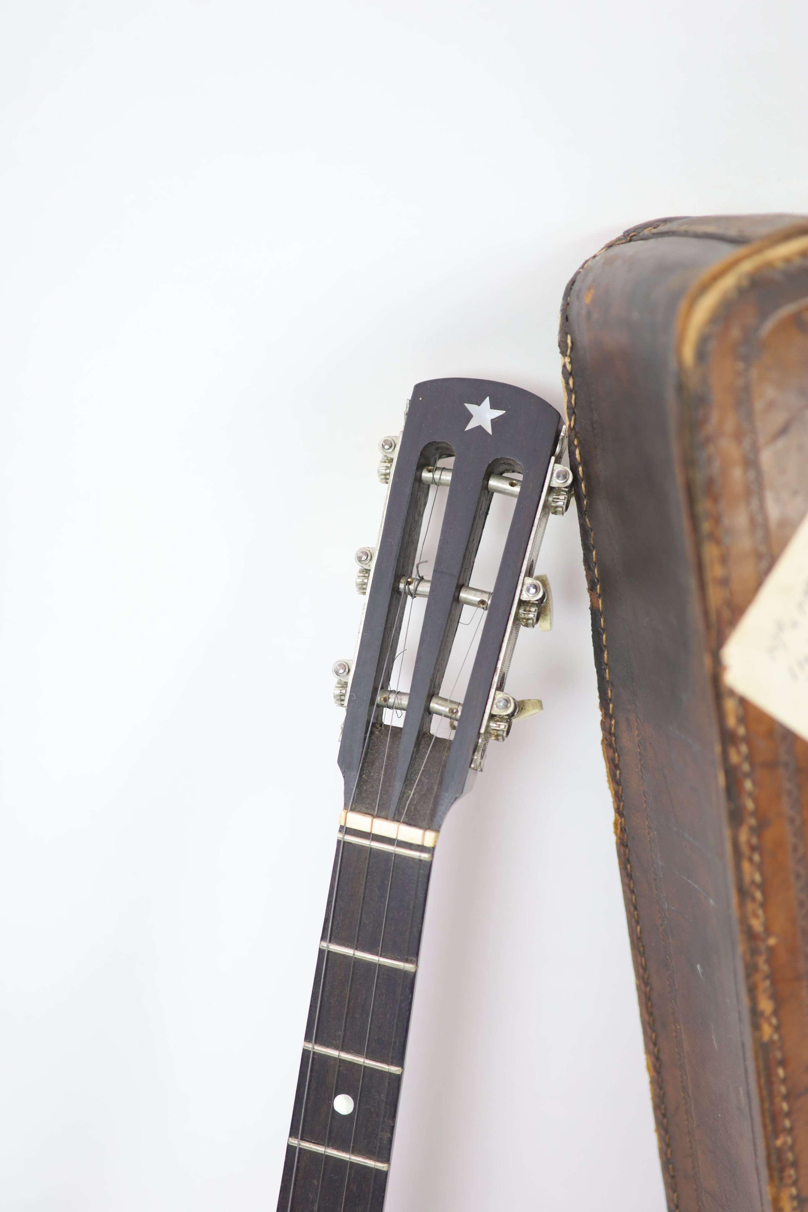 A Clifford Essex ebony mounted banjo,nut to bridge 26 inches (bridge missing), 22 frets,length 94cm, - Image 4 of 7