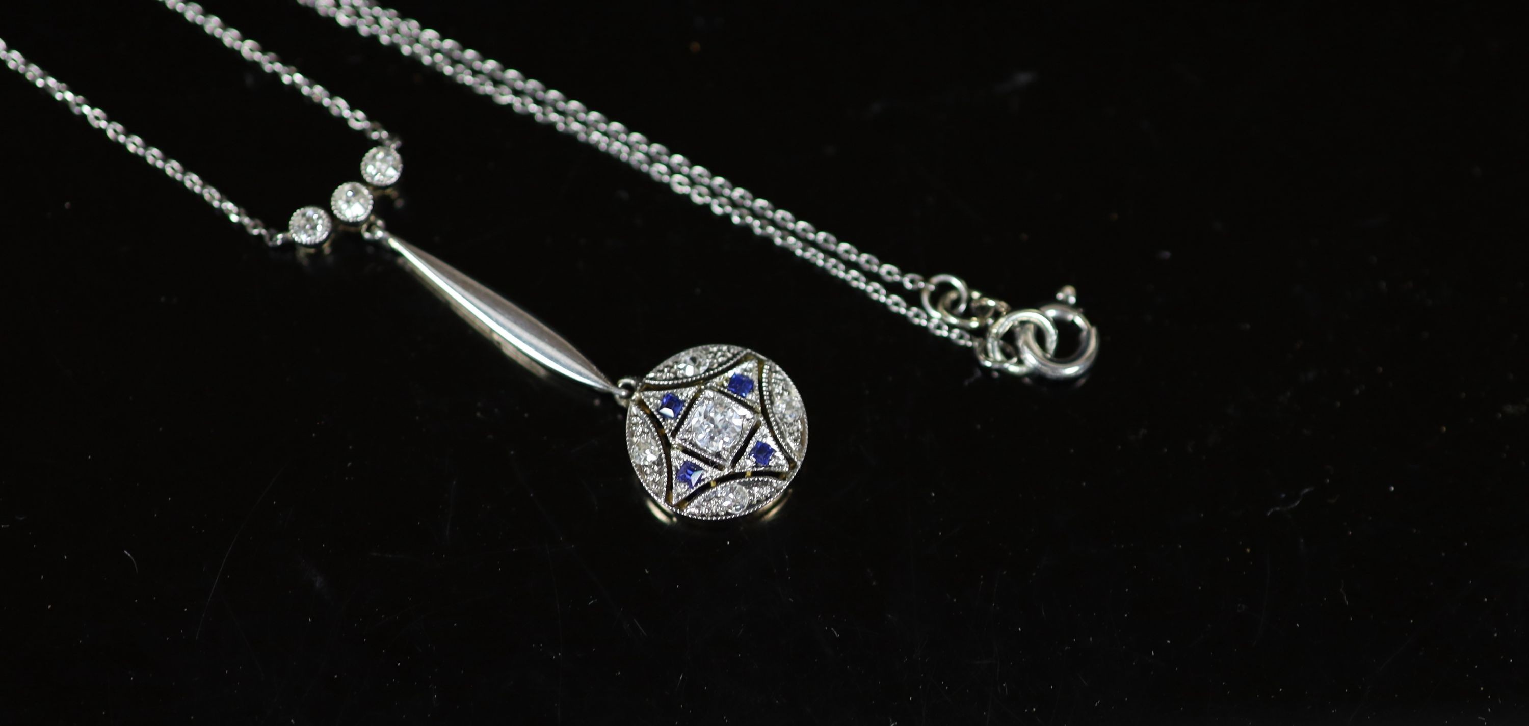 An Edwardian gold and platinum, millegrain set sapphire and diamond cluster set drop pendant - Image 2 of 3