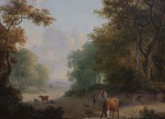 Pieter Gerardus Van Os (1776-1839) Figures and cattle in a woodland gladeoil on wooden panelsigned17