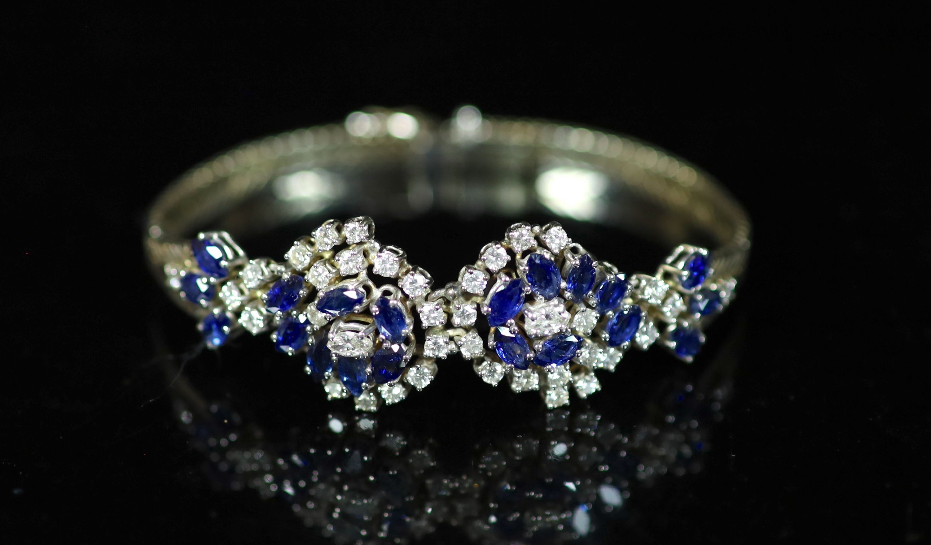 A 18ct white gold sapphire and diamond set double cluster bracelet,with sapphire and diamond set - Image 3 of 6