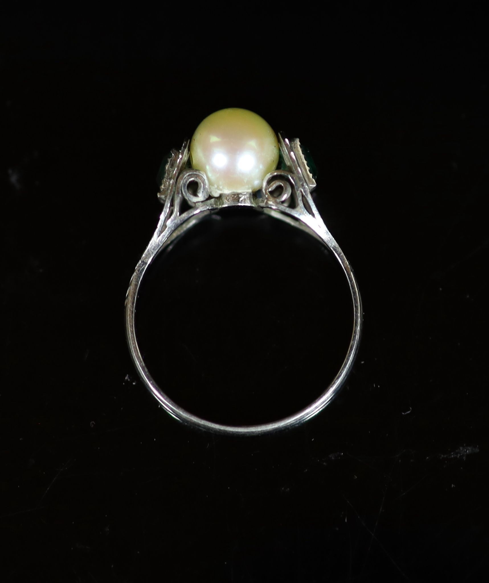 A mid 20th century white gold, cultured pearl and emerald set three stone ring,size N, gross 2 - Image 3 of 3