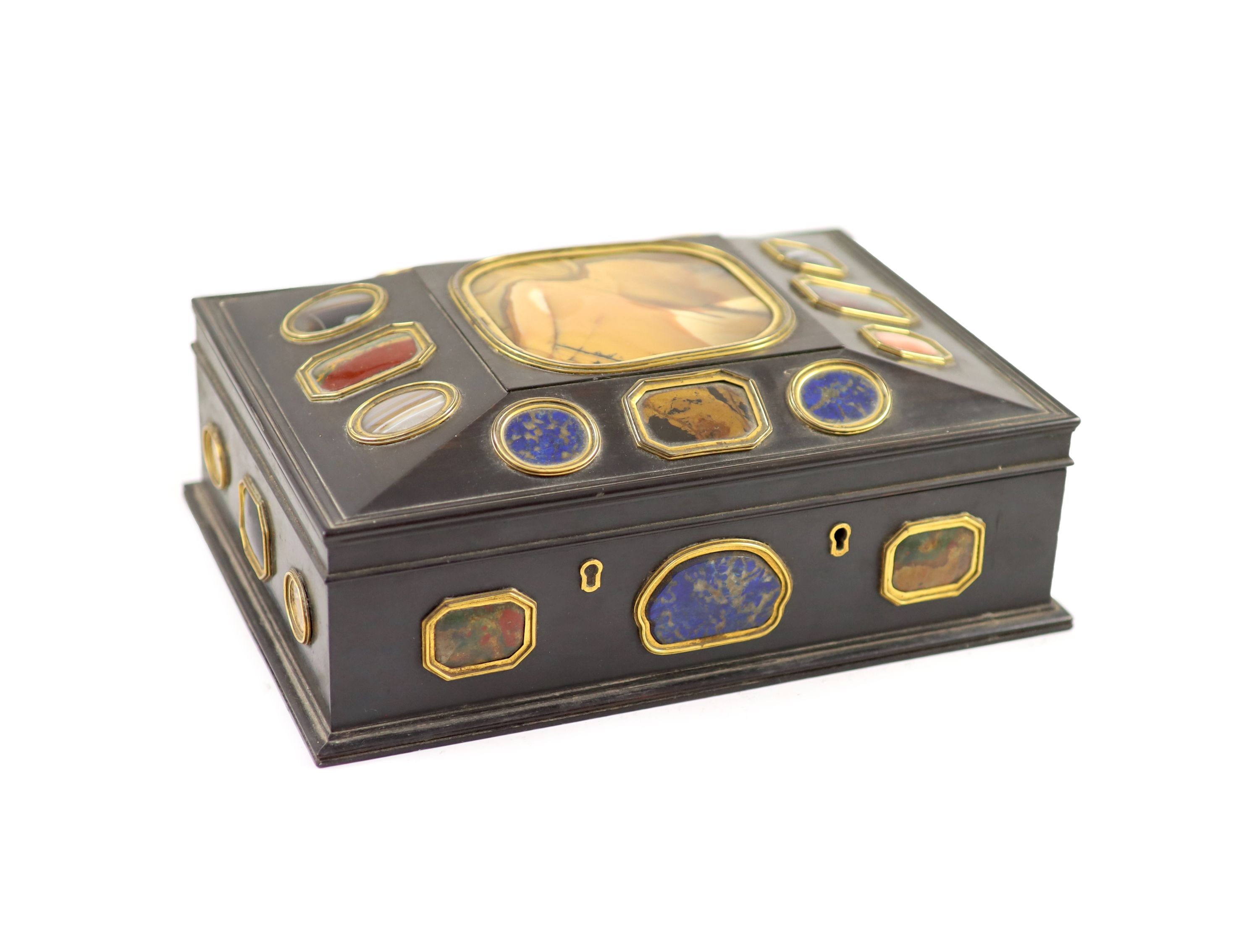 A late George III Grand Tour Souvenir ebony work boxapplied with assorted hardstones including