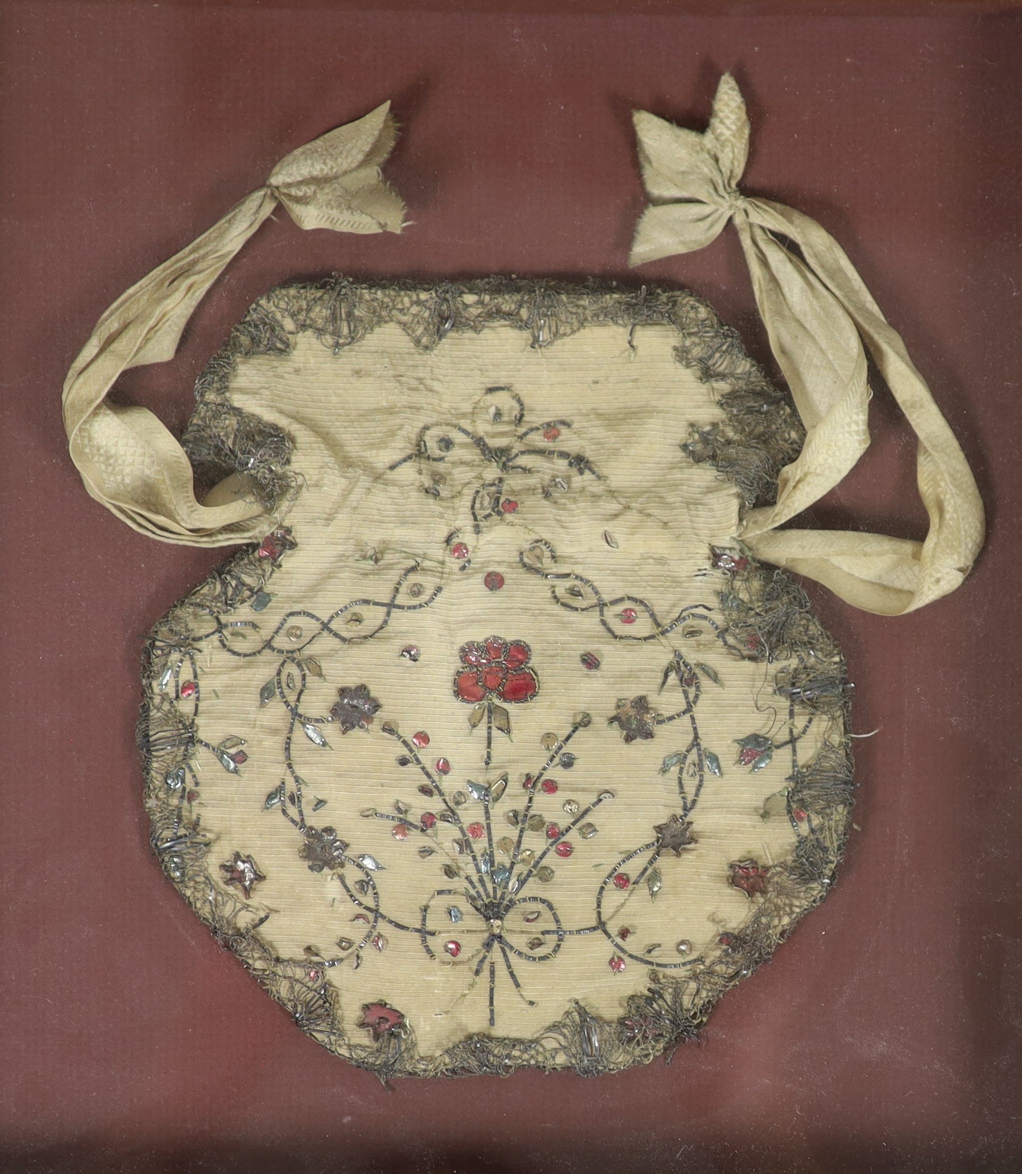 A late 18th century embroidered silk waistcoat, a similar Bible bag and coaching lace purseThe - Image 2 of 4