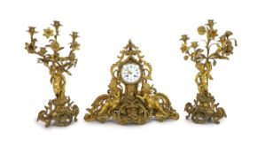 A 19th century Louis XV style ormolu clock garniture,the timepiece modelled with flowers and scrolls