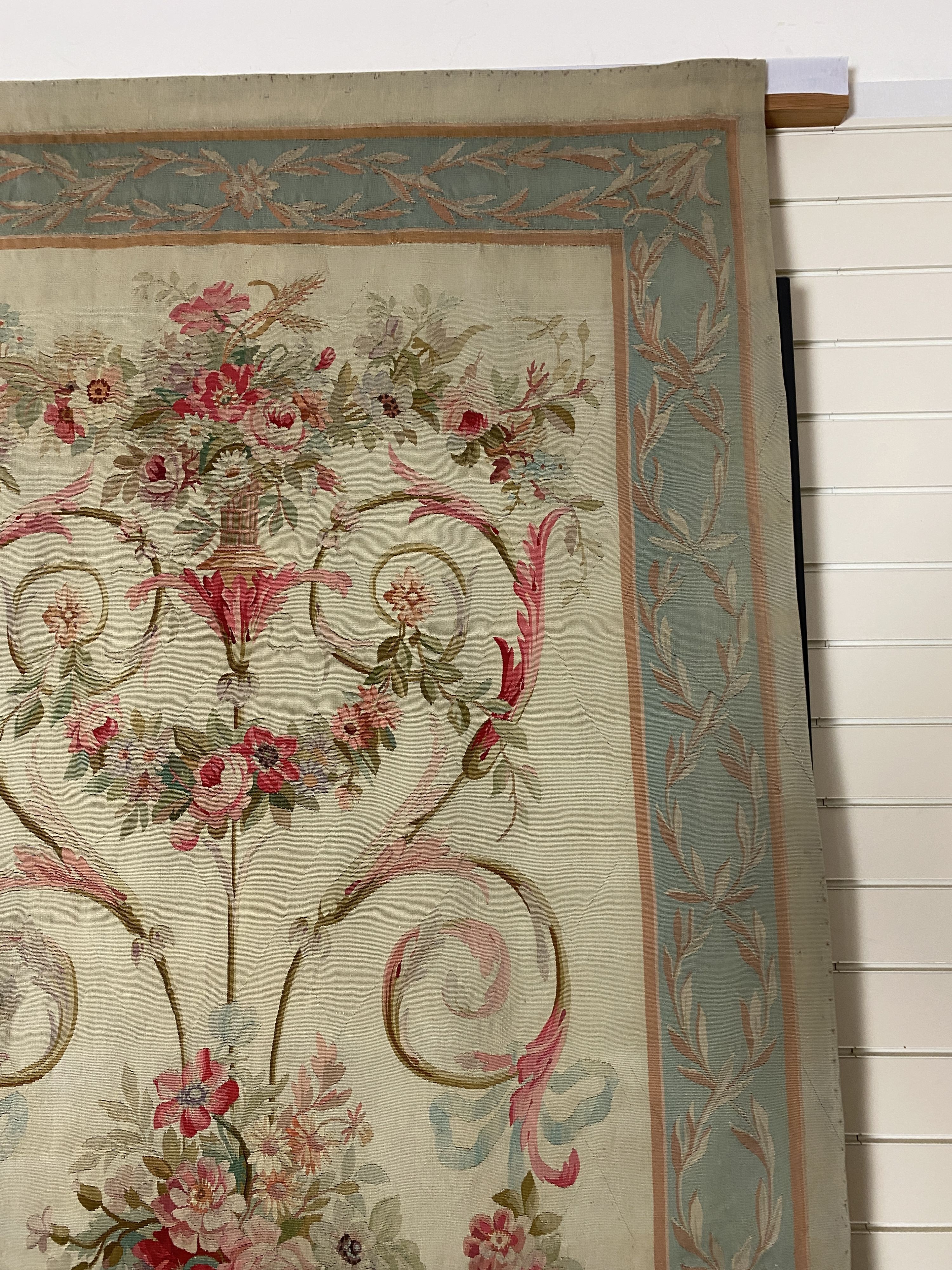 A large 19th century Aubusson entre fenetre tapestry wall panel,woven with a vase of flowers - Image 2 of 6