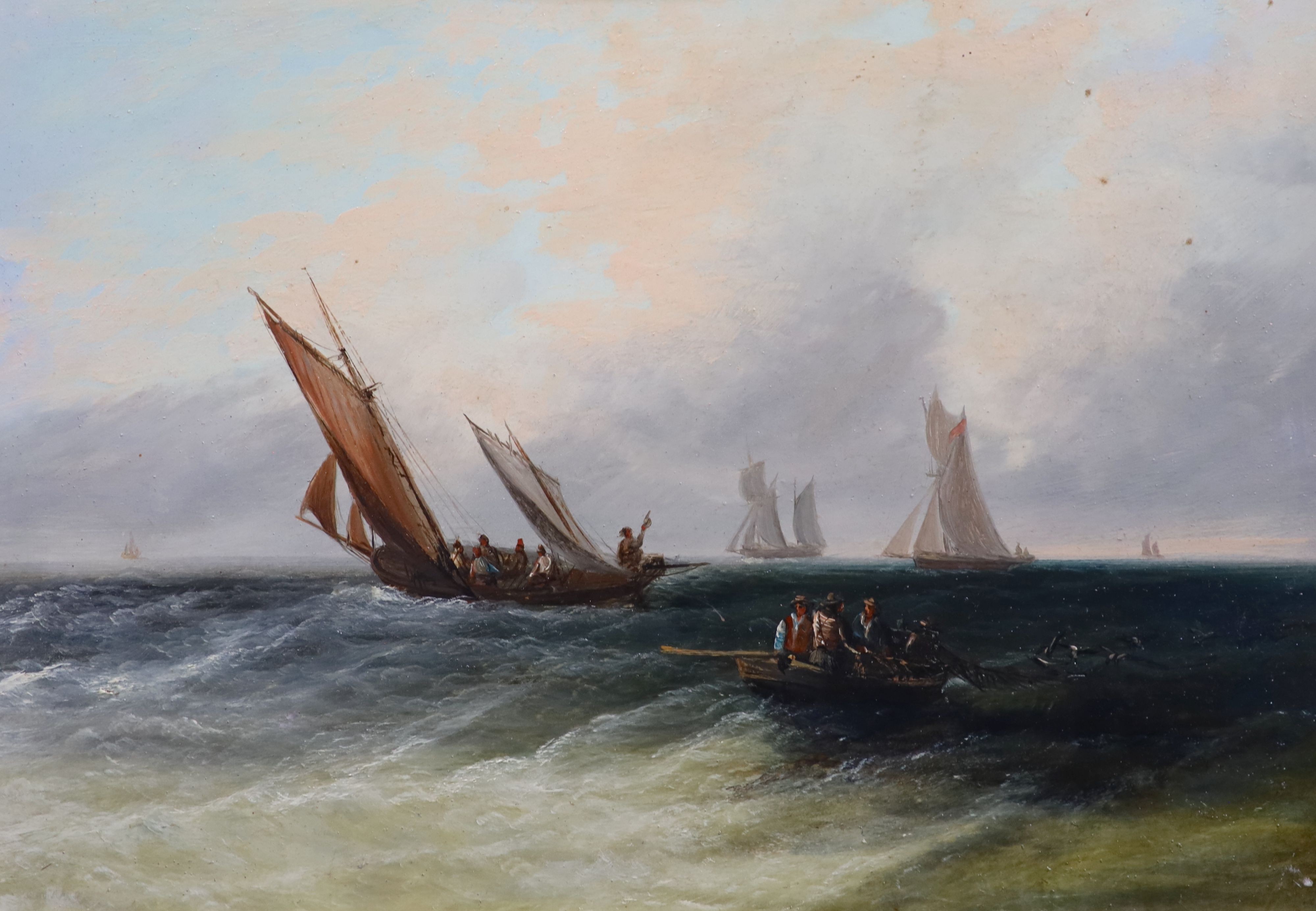 19th century English School Fishing boats and other shipping off the coastset of four oils on mill - Image 3 of 6