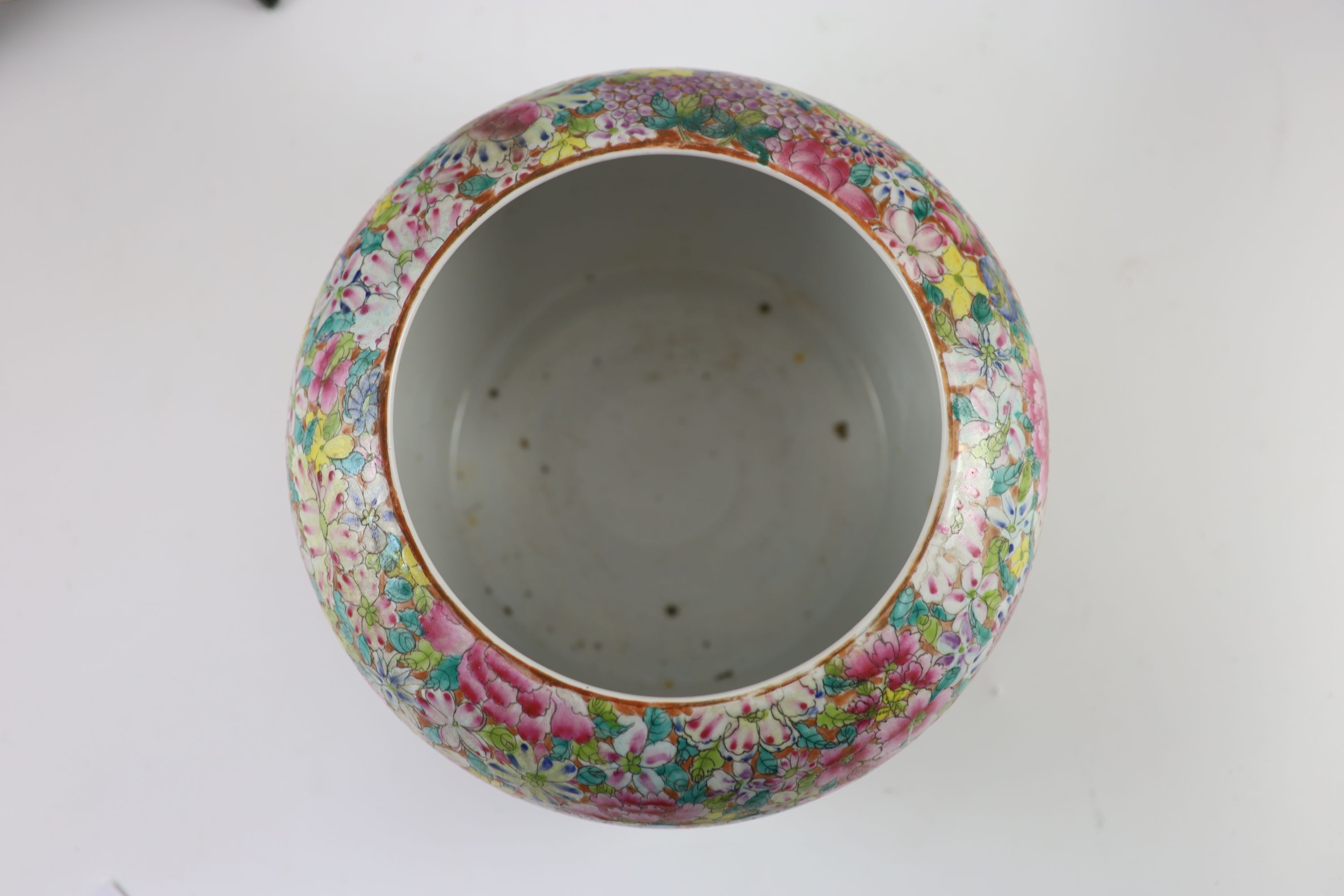 A near pair of Chinese famille rose’millefleur’ dishes and a similar alms bowl, Republic period,each - Image 3 of 6