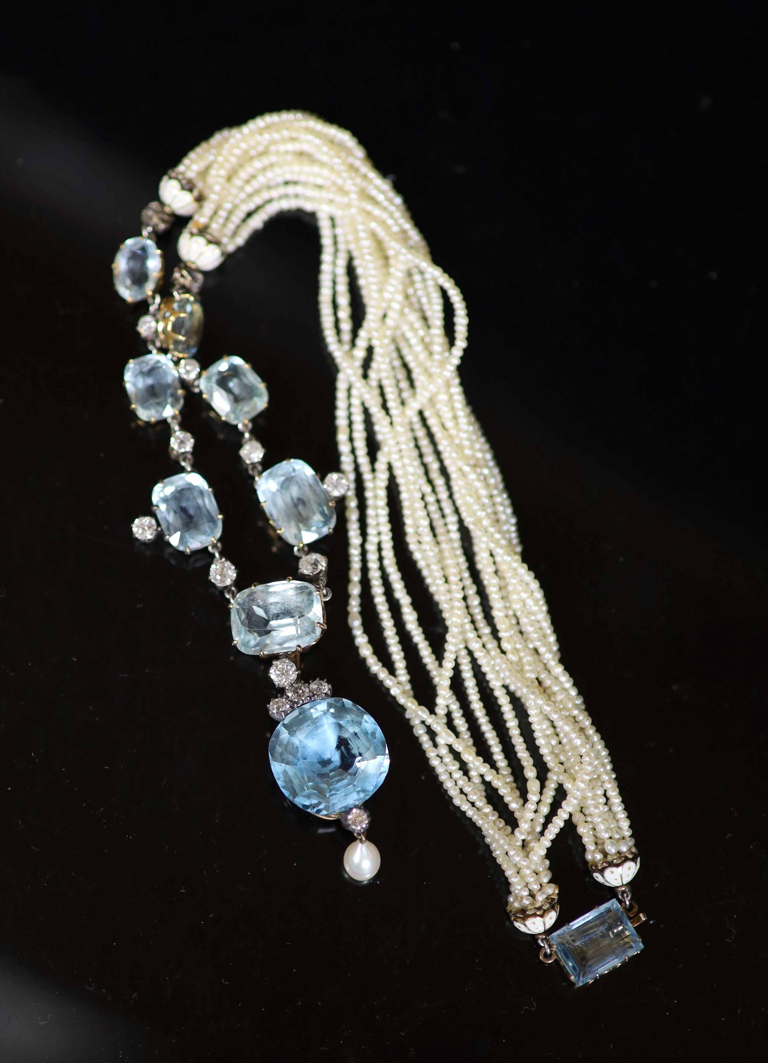 A 19th century gold and silver, aquamarine, diamond, pearl and enamel set multi strand seed pearl - Image 3 of 4