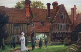 Arthur Langley Vernon (Exh.1880-1917) Edwardian lady standing before a 17th century houseoil on