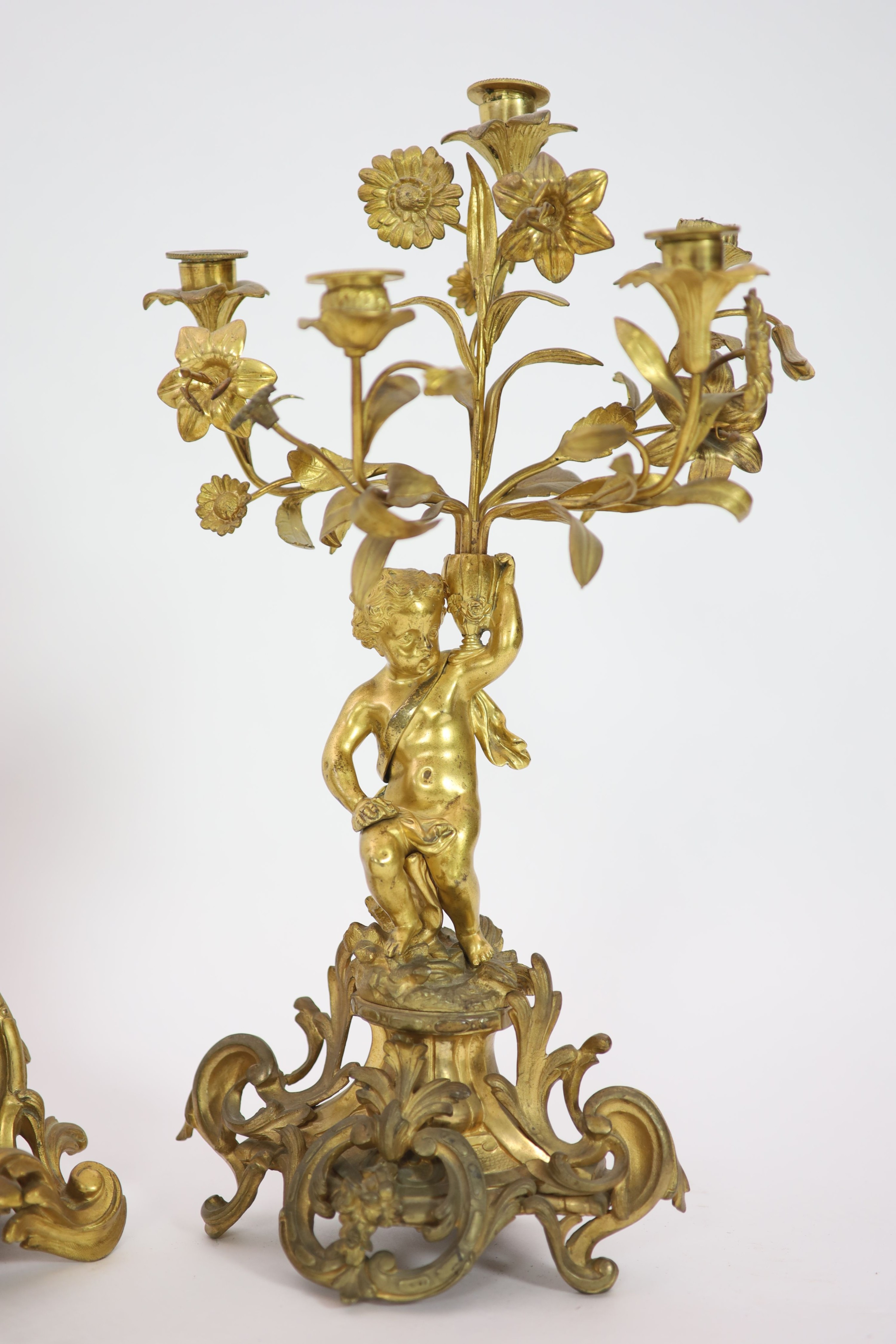 A 19th century Louis XV style ormolu clock garniture,the timepiece modelled with flowers and scrolls - Image 4 of 6