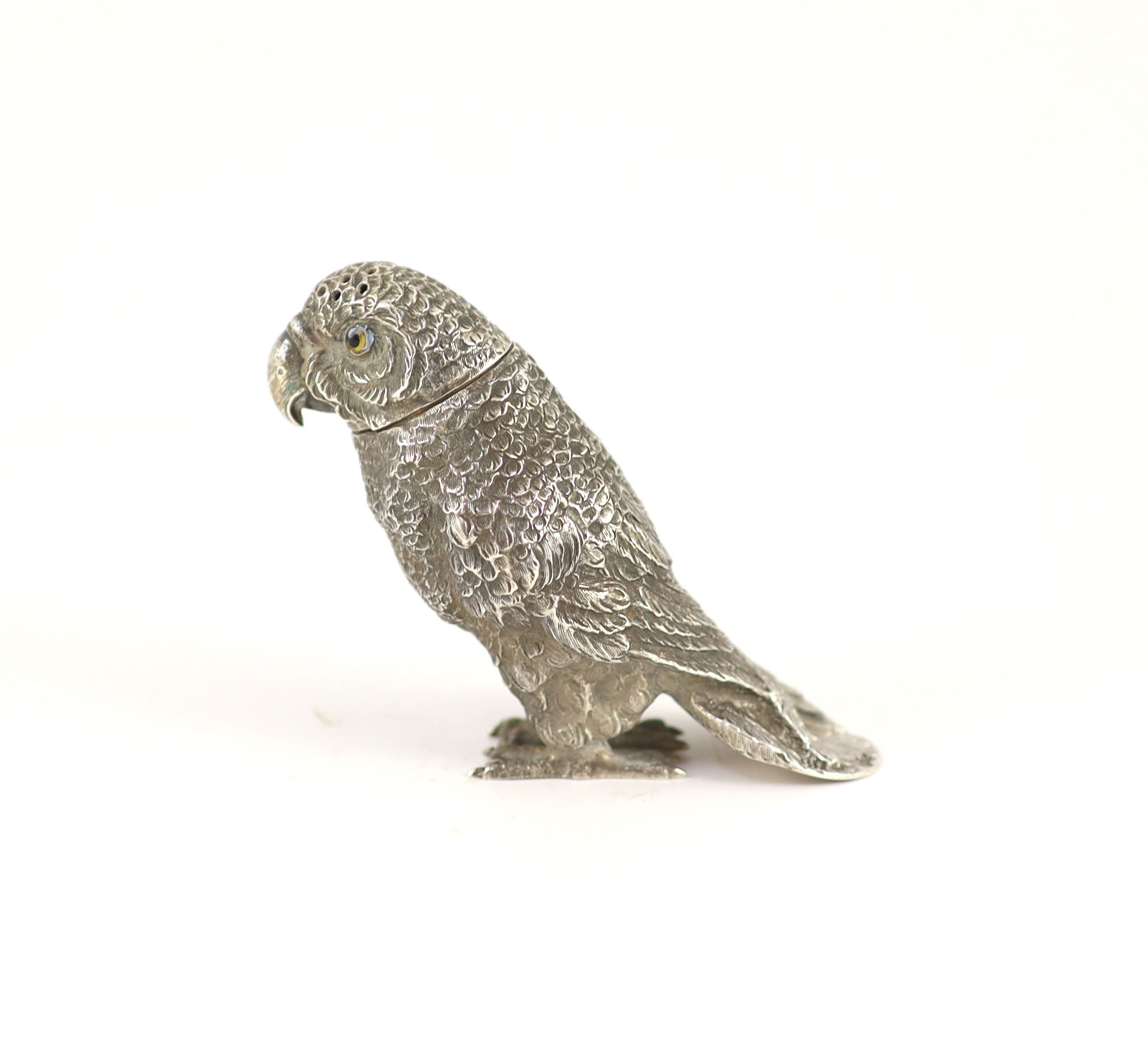 A late 19th century Hanau novelty silver pepperette, modelled as a parrot,with detachable head and - Image 2 of 4