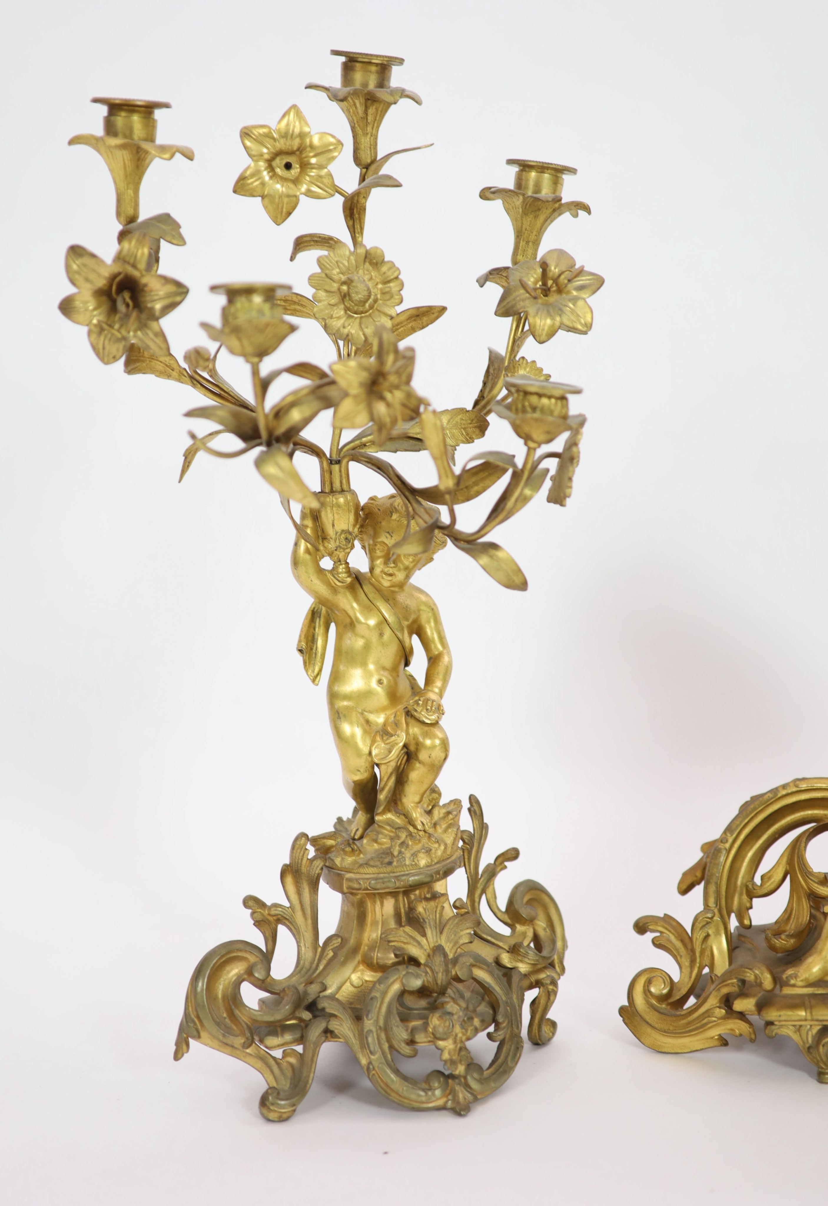 A 19th century Louis XV style ormolu clock garniture,the timepiece modelled with flowers and scrolls - Image 3 of 6