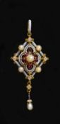 A good Victorian gold, three colour enamel, diamond, ruby and pearl set drop pendant, by Carlo