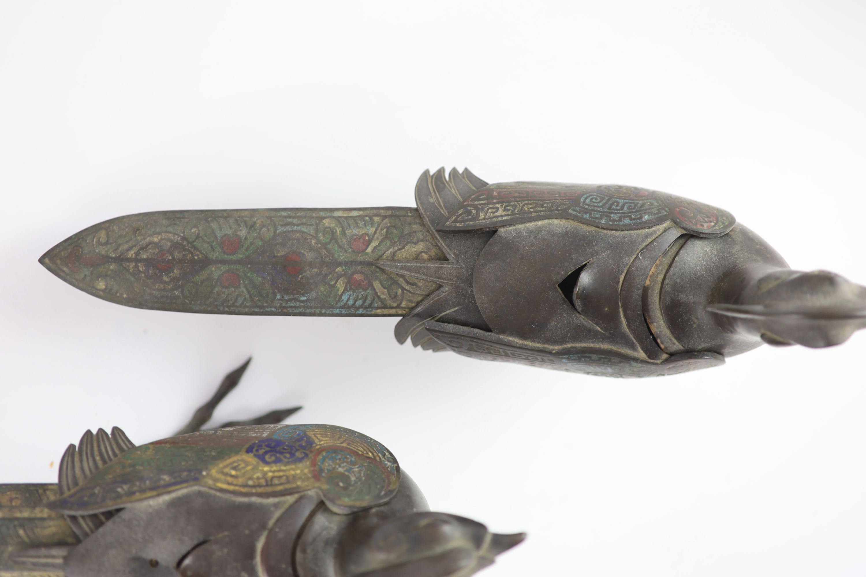 Two similar Japanese champlevé enamel and bronze ‘pheasant’ censers and covers, Meiji period,in - Image 3 of 5