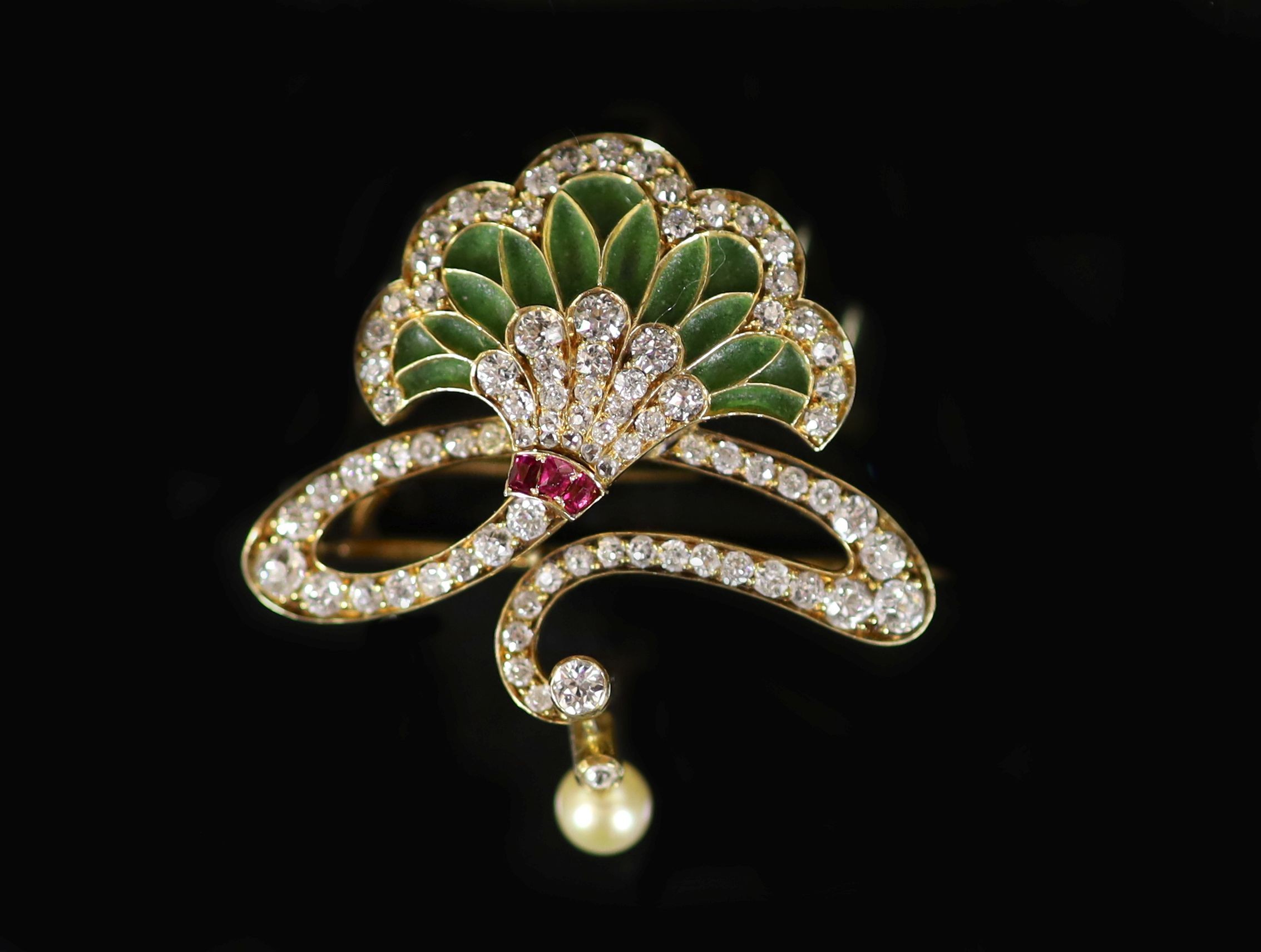 A Continental gold, ruby, diamond, plique a jour enamel and drop pearl set clip brooch,of fan and