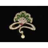 A Continental gold, ruby, diamond, plique a jour enamel and drop pearl set clip brooch,of fan and