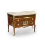 A late 19th century French marquetry and flame mahogany bowfront commodewith variegrated grey marble