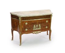 A late 19th century French marquetry and flame mahogany bowfront commodewith variegrated grey marble