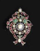 A 19th century Austro Hungarian silver and gold, ruby, sapphire, emerald and split pearl gem set