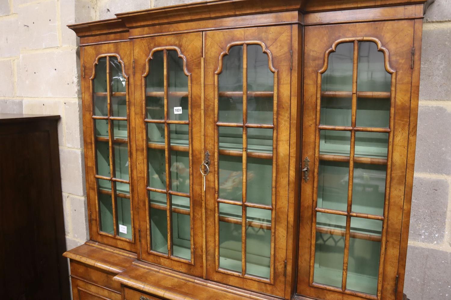 A small Queen Anne revival walnut breakfront library bookcase, length 132cm, depth 34cm, height - Image 2 of 3