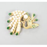 A 14k gold, emerald, graduated cultured pearl and green enamel set peacock brooch, 58mm,gross weight