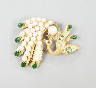 A 14k gold, emerald, graduated cultured pearl and green enamel set peacock brooch, 58mm,gross weight