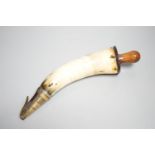 A British military Gunner's powder horn c.1800, cow horn body, sprung brass charger, wooden end