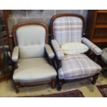 A pair of Victorian mahogany upholstered spoon back armchairs, larger width 68cm, depth 80cm, height